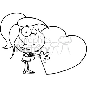 300x300 Black White Drawing Of Little Girl Holding Large Heart Clipart - Little Girl Drawing Cartoon