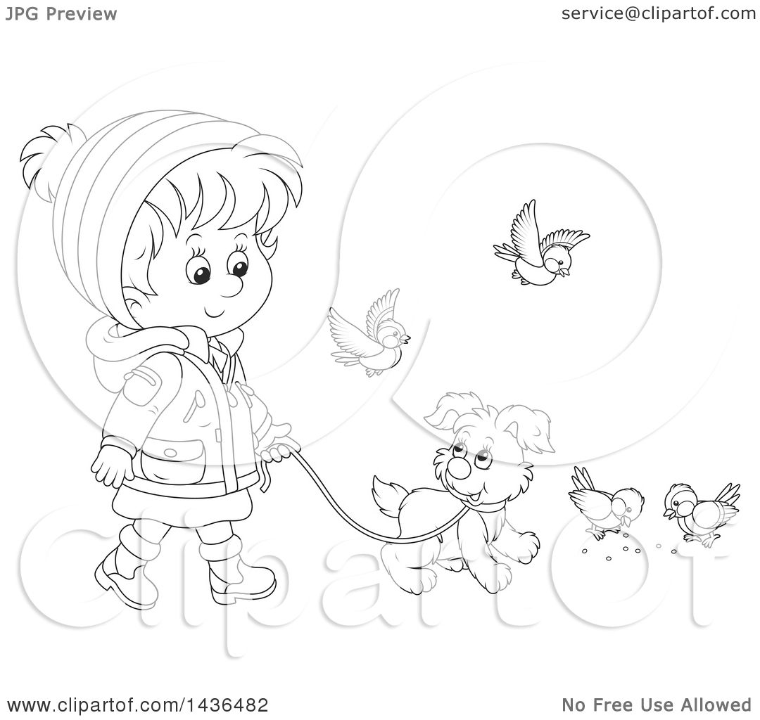 1080x1024 Clipart Of A Black And White Lineart Little Girl In Winter - Little Girl Line Drawing