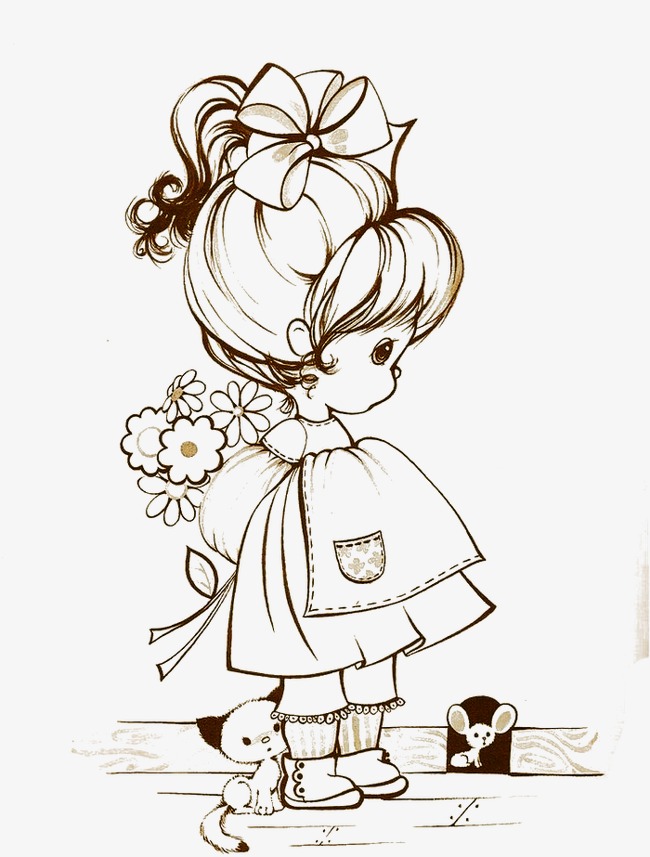 650x857 Hand Drawn Little Girl, Line, Mouse, Kitty Png - Little Girl Line Drawing