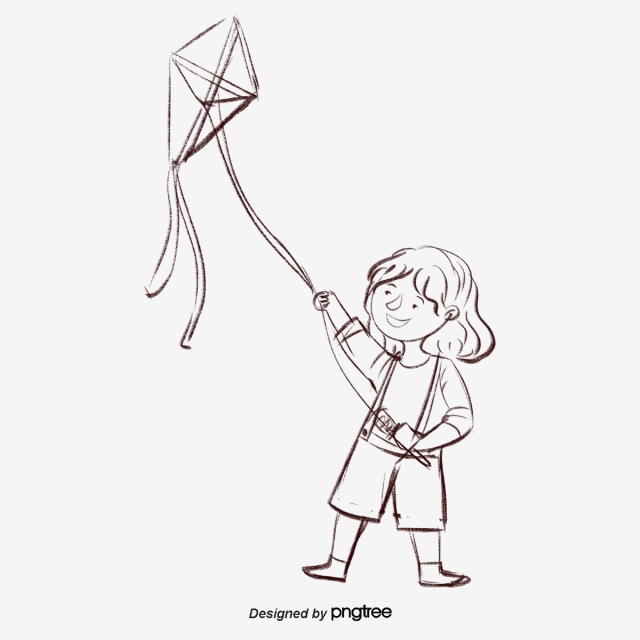 640x640 Line Drawing Cute Little Girl Flying Kite, Element, Lovely, Girl - Little Girl Line Drawing