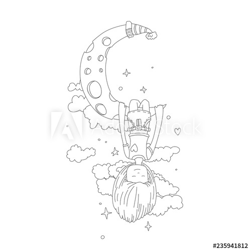 500x500 a little girl sleeping and dreaming, hanging on a crescent moon - Little Girl Line Drawing