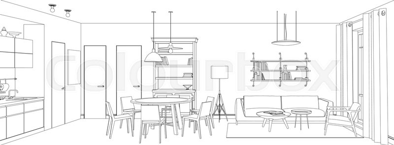 800x295 Line Sketch Of The Interior Living Stock Vector Colourbox - Living Room Line Drawing