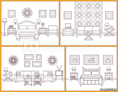 500x390 living room and bedroom interiors vector linear rooms - Living Room Line Drawing