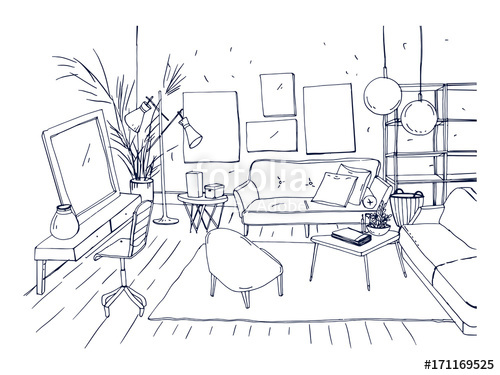 500x375 monochrome drawing of interior of living room with sofa, chairs - Living Room Line Drawing