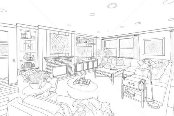600x400 black line drawing of a custom living room stock photo andy dean - Living Room Line Drawing