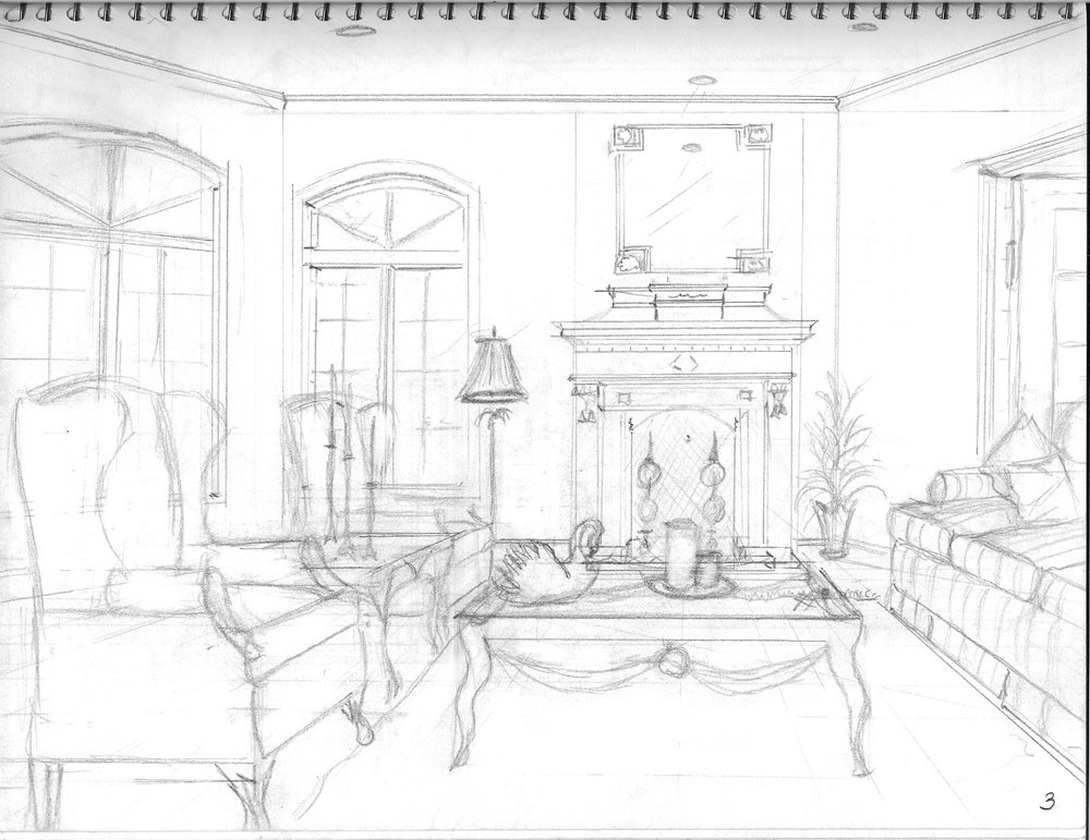1000x771 Colorful Brushstrokes Interior Design Perspective Drawings - Living Room Perspective Drawing