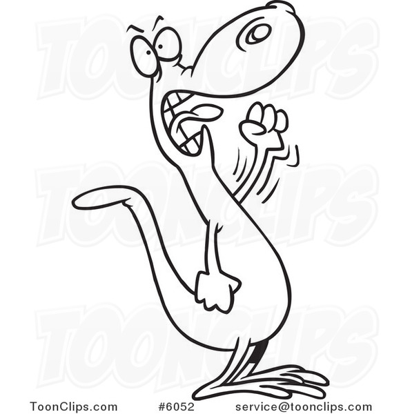 581x600 Cartoon Black And White Line Drawing Of A Mad Lizard Waving His - Lizard Line Drawing