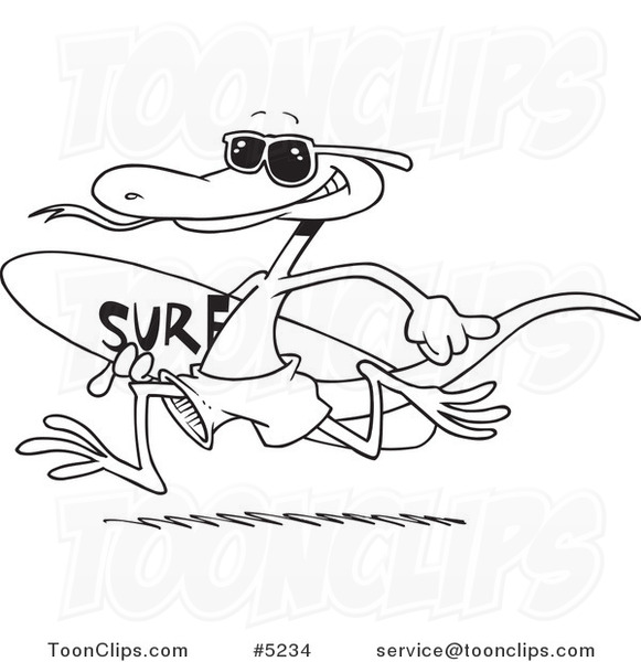 581x600 Cartoon Black And White Line Drawing Of A Surfing Lizard - Lizard Line Drawing