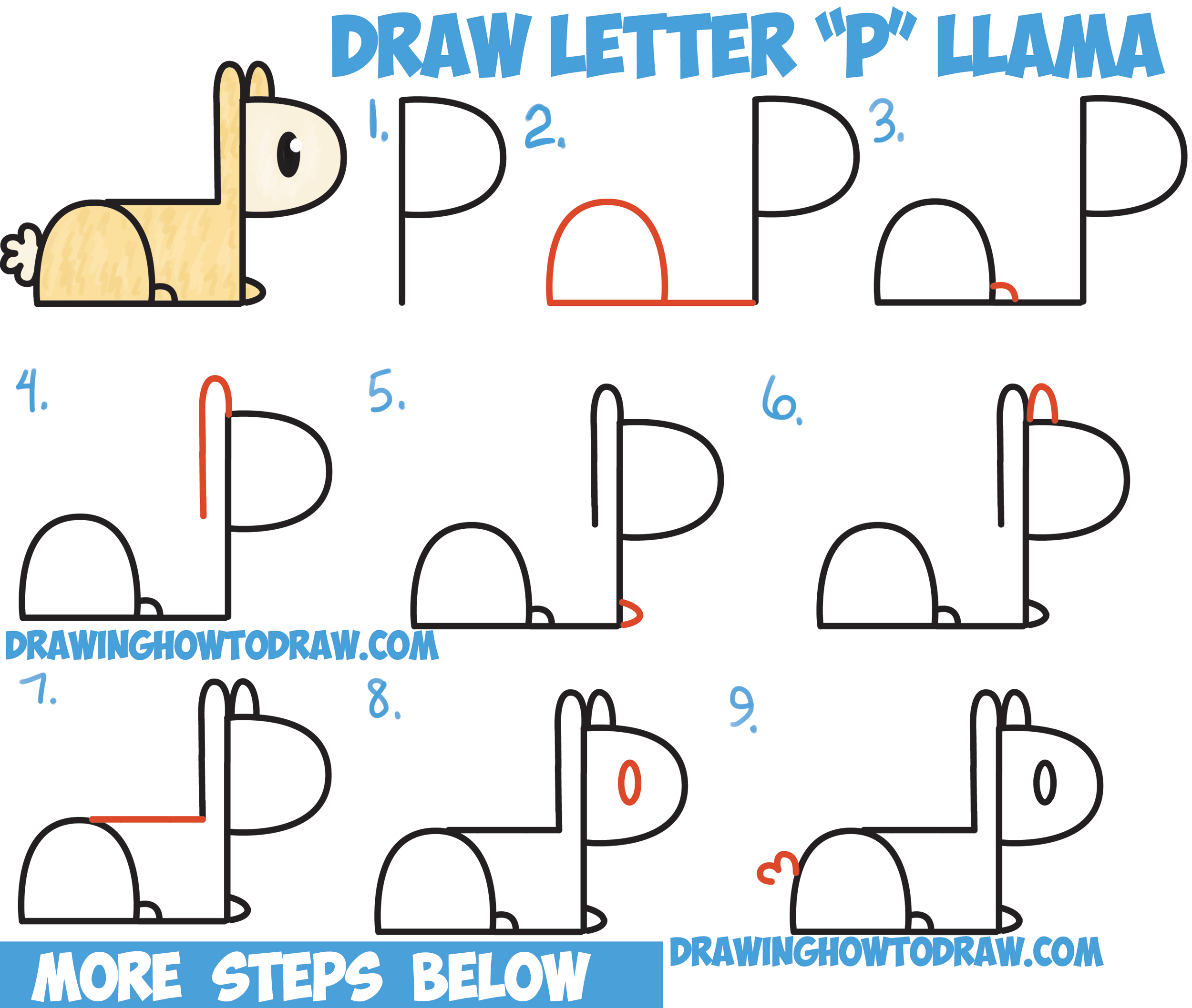 2500x2116 how to draw cute cartoon kawaii llama or alpaca from p letters - Llama Drawing Easy