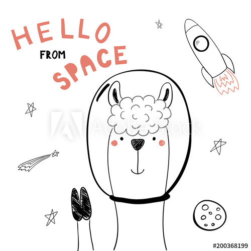 500x500 Hand Drawn Portrait Of A Cute Funny Llama In Space, Waving - Llama Line Drawing