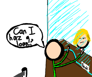 300x250 Guy Askingbank For Loan Drawing - Loan Drawing