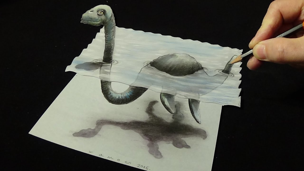 1280x720 trick art on paper - Loch Ness Monster Drawing