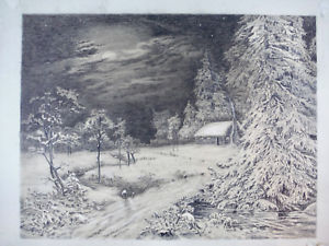 300x225 Beautiful Signed Charcoal Landscape Drawing, Winter Log Cabin - Log Drawing