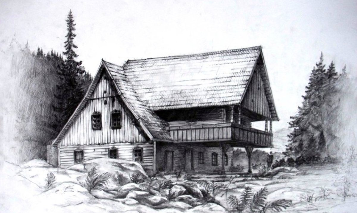 1200x715 Cabin In The Woods Sketch Wooden Thing - Log House Drawing