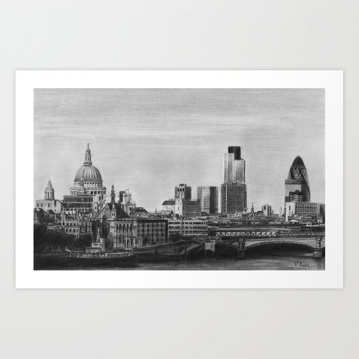 700x700 London Skyline Pencil Drawing Art Print - London Cityscape Drawing