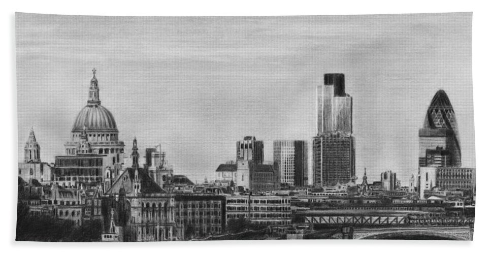 967x500 London Skyline Pencil Drawing Bath Towel For Sale - London Cityscape Drawing
