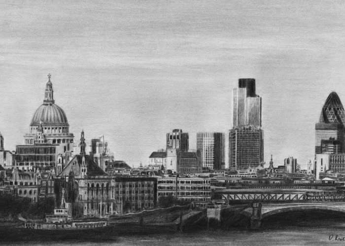 700x500 London Skyline Pencil Drawing Greeting Card For Sale - London Cityscape Drawing