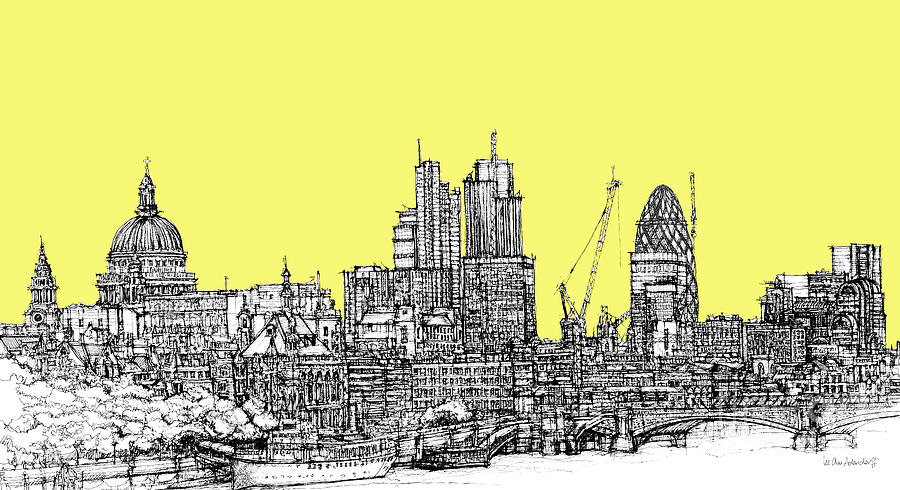 900x490 Canary Yellow London Skyline Digital Art - London Cityscape Drawing