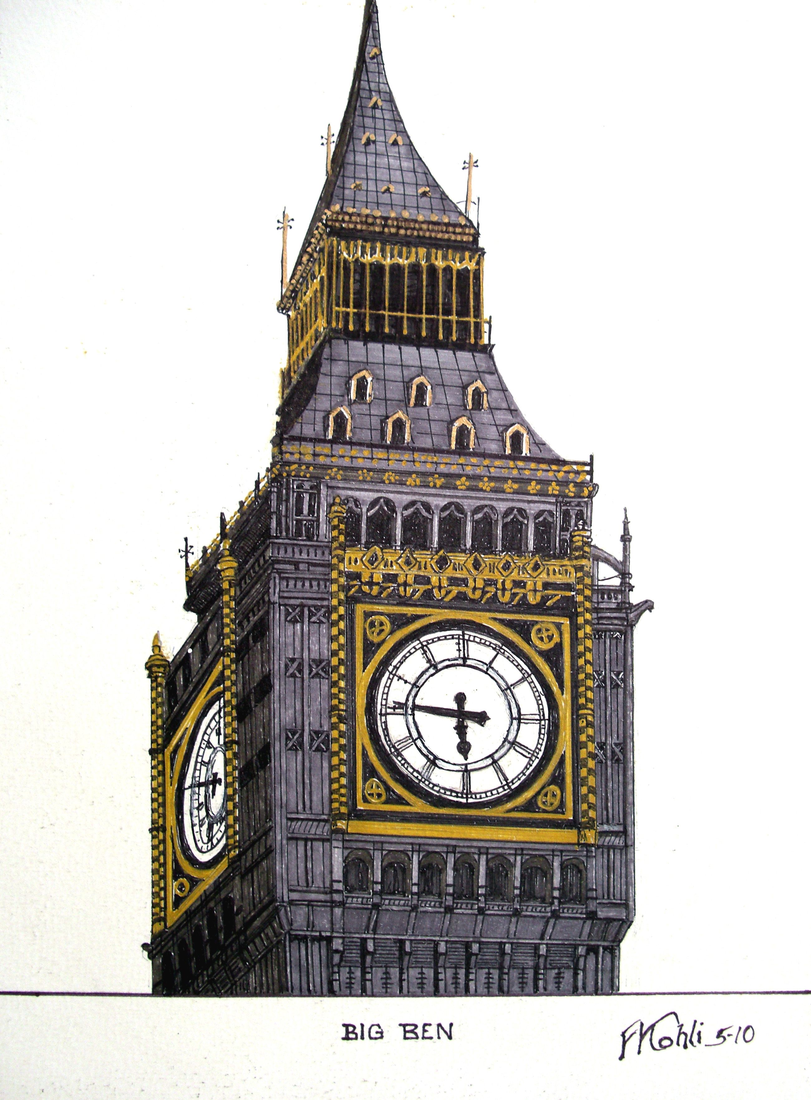 2600x3525 Famous Historic Buildings, Cathedrals - London Clock Tower Drawing