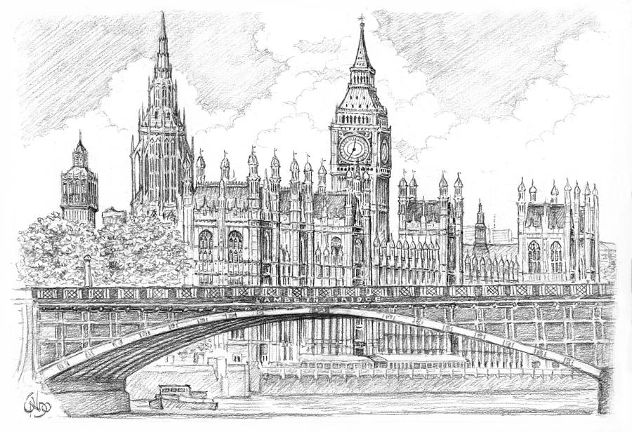900x616 London Houses Of Parliament Drawing - London Drawing