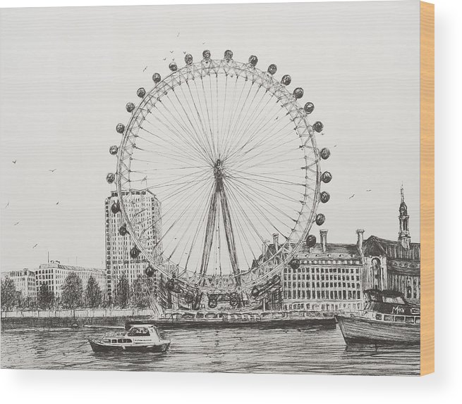 655x574 The London Eye Wood Print - London Eye Drawing