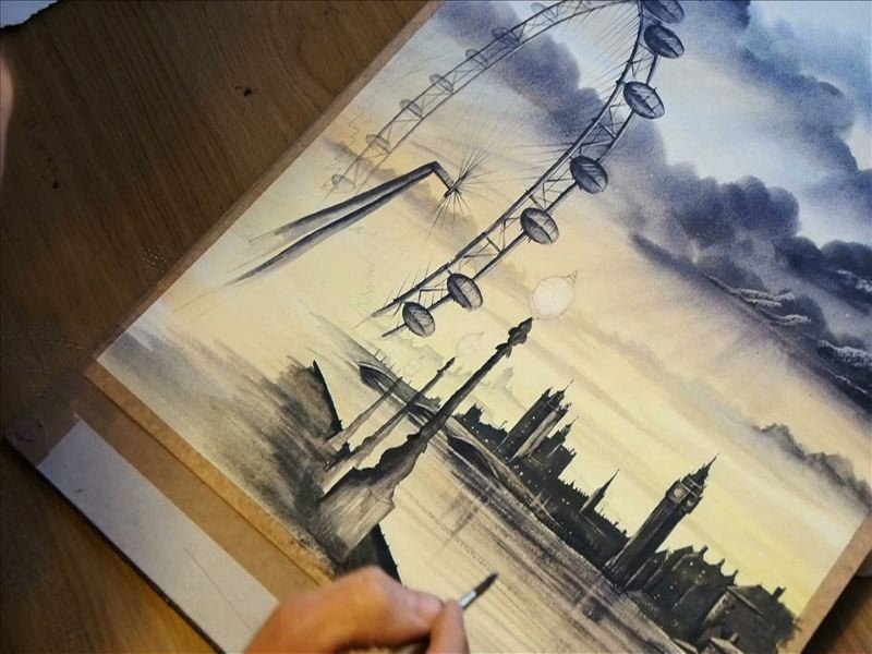 800x600 Video + Pre Drawn Paper Set Atmospheric London Sunset, View - London Eye Drawing