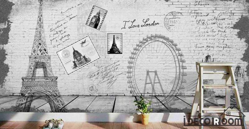 800x414 White Wall Drawing Eiffel Tower London Eye Tower Bridge Living - London Eye Drawing