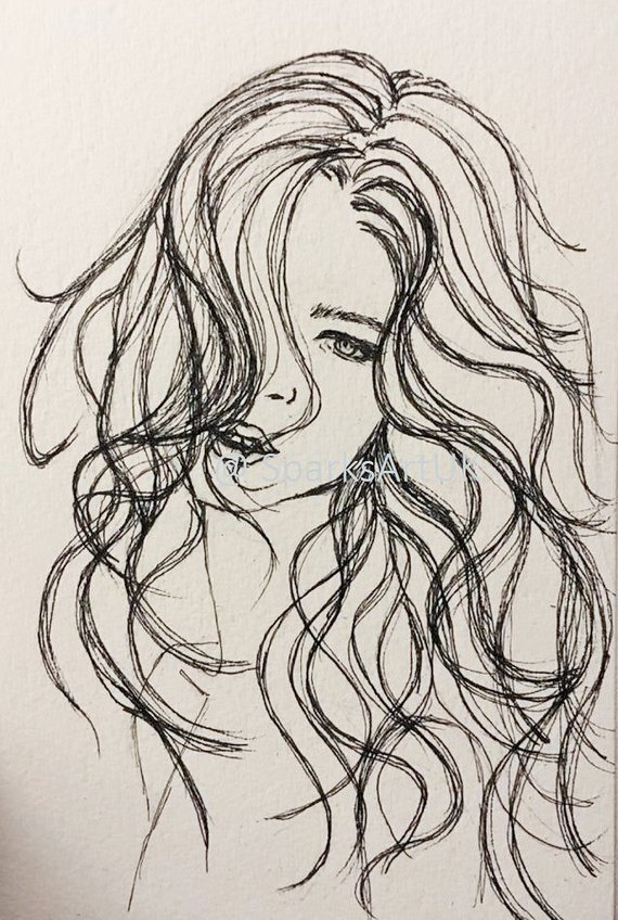 570x848 print of ink line drawing woman with long hair etsy - Long Drawing