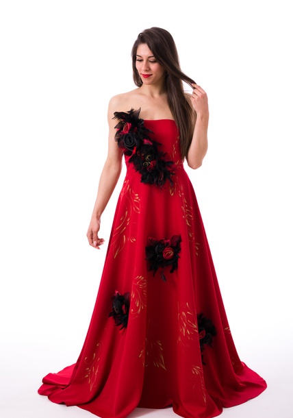 428x610 long dress in red satin with handmade drawing stella fashion - Long Dress Drawing