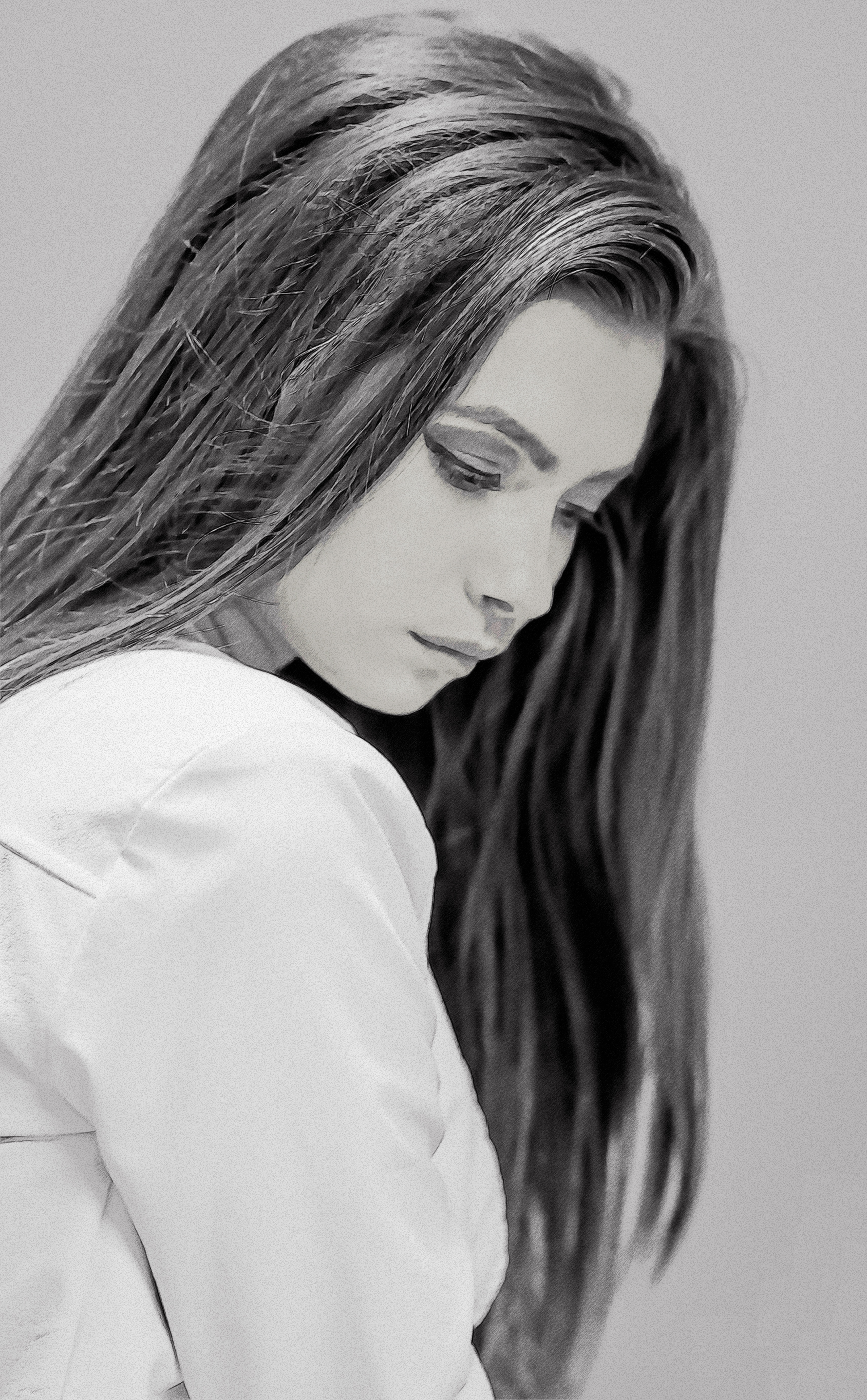 3422x5528 Free Images Black And White, Girl, Clothing, Hairstyle, Long - Long Hair Drawing