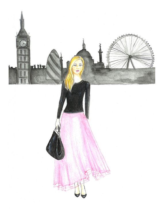 570x738 Watercolor Girl In Pink Tulle Skirt Fashion Illustration Etsy - Long Skirt Drawing