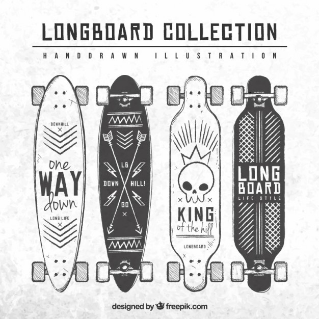 626x626 Hand Drawn Longboard Collection Vector Free Download - Longboard Drawing