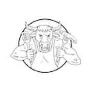 180x180 longhorn bull holding barbecue sausage drawing black and white - Longhorn Bull Drawing