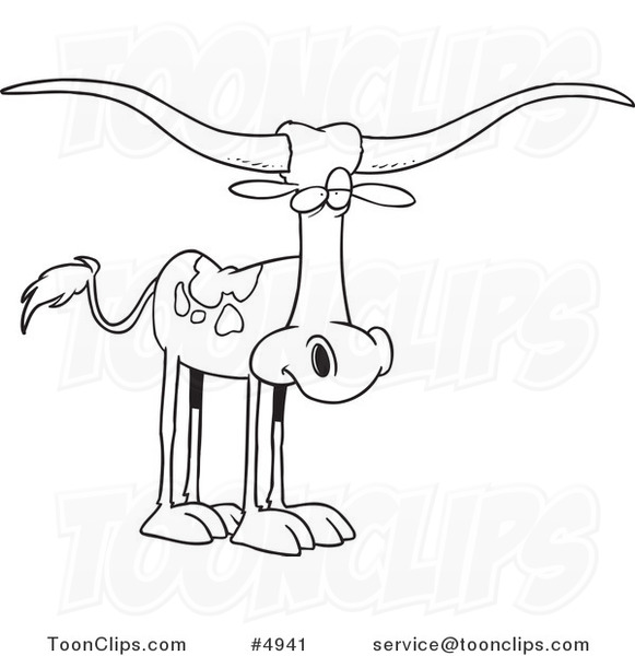 581x600 cartoon black and white line drawing of a longhorn cow - Longhorn Cattle Drawings