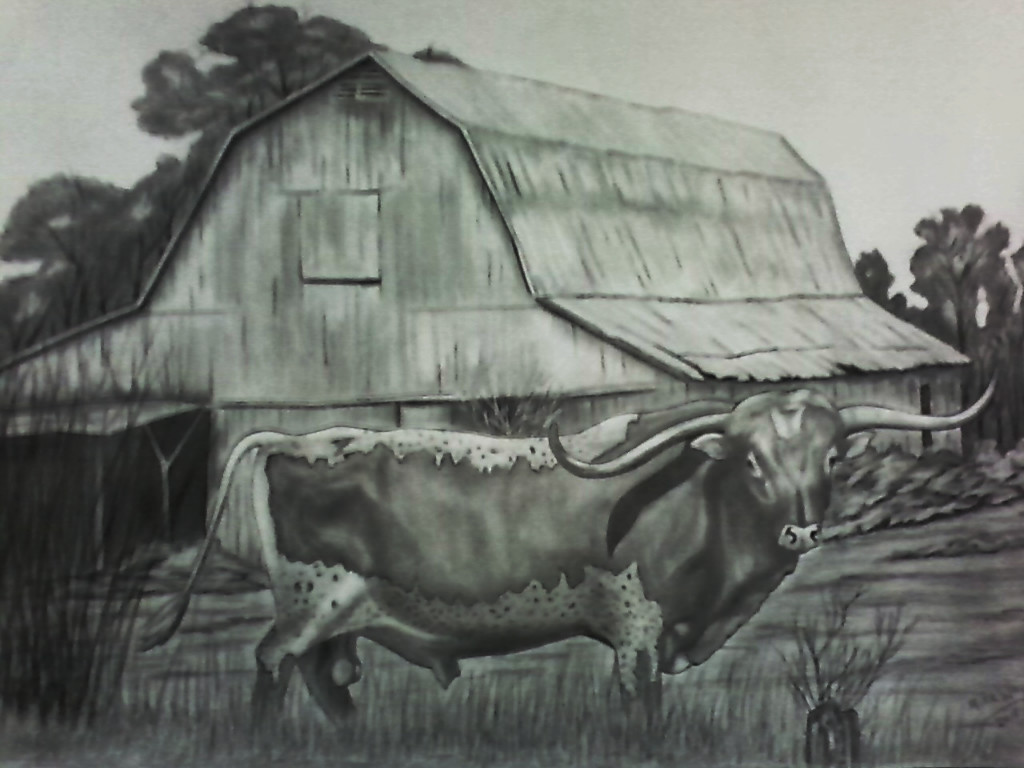 1024x768 Longhorn On The Hand Drawing On The Wall - Longhorn Drawing