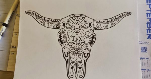 600x315 Texas Cow Skull Drawing - Longhorn Skull Drawing