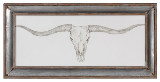 640x328 Texas Longhorn Skull Rustic Wall Art, Wide South Western Print - Longhorn Skull Drawing