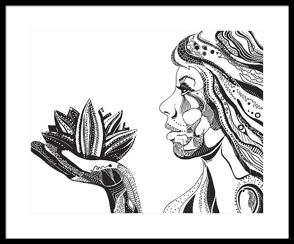 600x498 Woman With Lotus Flower, Black Ornate Pattern Vector Framed Print - Lotus Flower Black And White Drawing