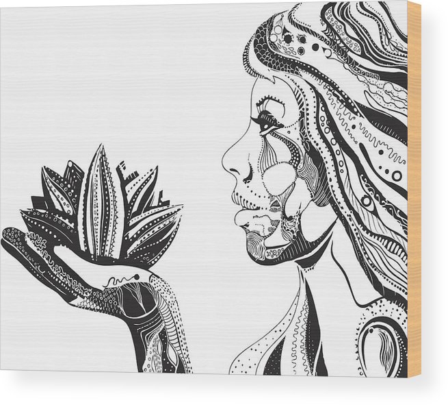 655x591 Woman With Lotus Flower, Black Ornate Pattern Vector Wood Print - Lotus Flower Black And White Drawing