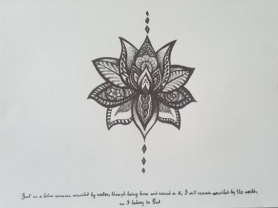 570x426 Abstract Lotus Flower Ink Drawing With Quote Etsy - Lotus Flower Drawing