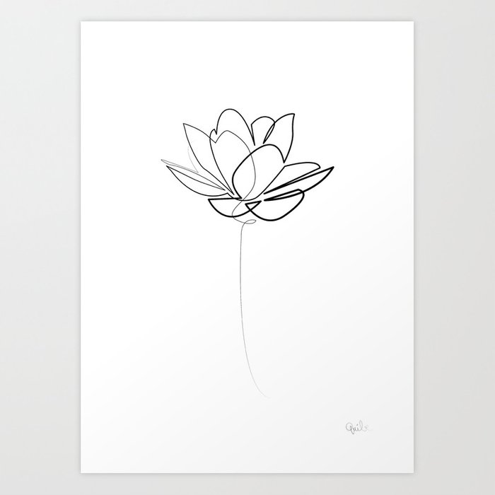 700x700 One Line Lotus Bampw Art Print - Lotus Line Drawing