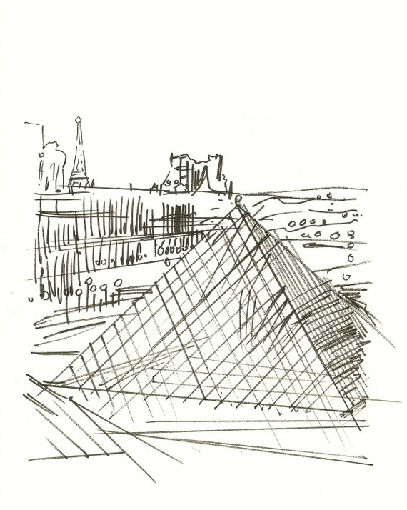 570x714 Original Drawing Black And White Louvre Drawing Paris Etsy - Louvre Drawing