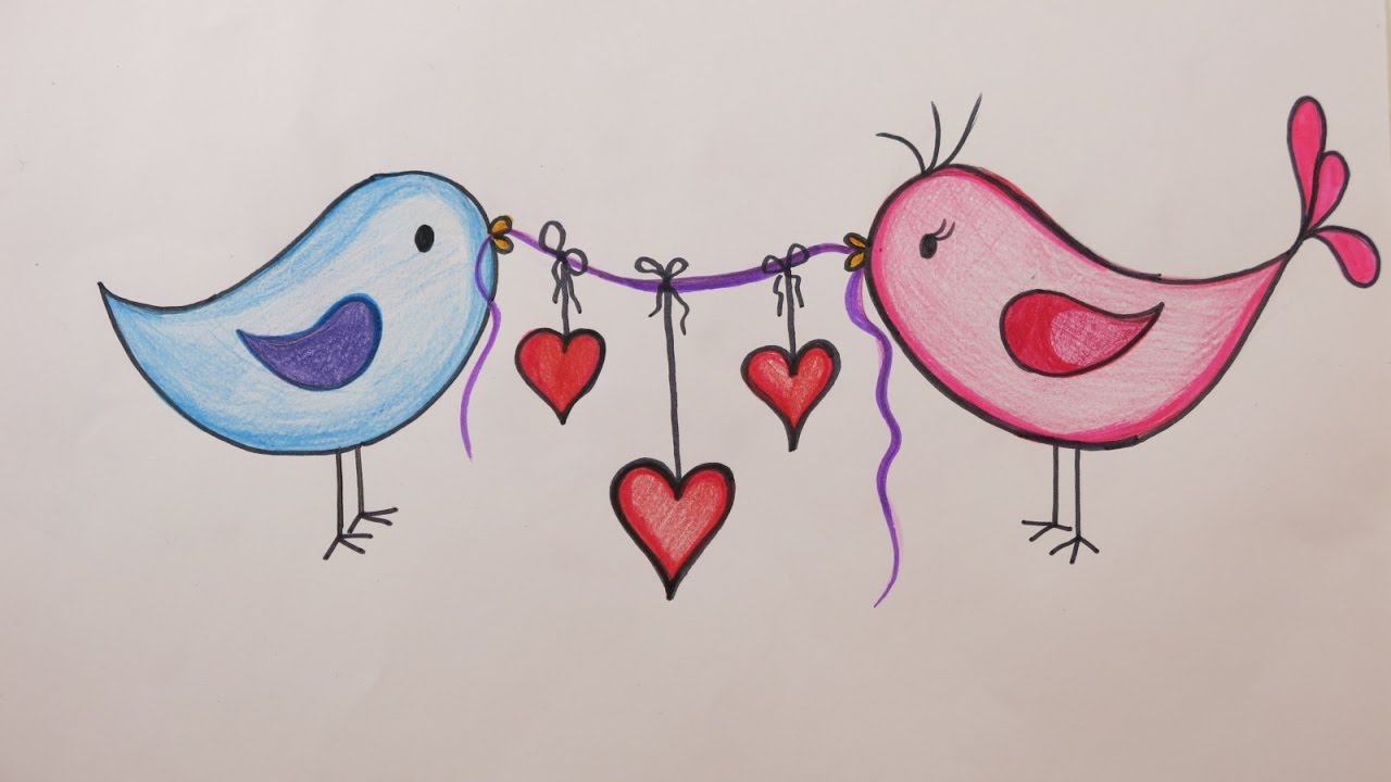 1280x720 Valentine's Day Diy How To Draw Love Birds Holding Hearts - Love For Drawing
