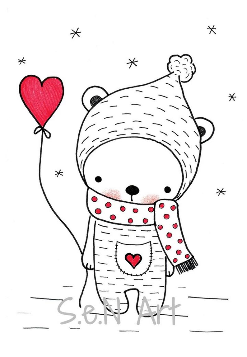 794x1147 Instant Download Bear With Heart Black White Print Drawing Etsy - Love Teddy Bear Drawing