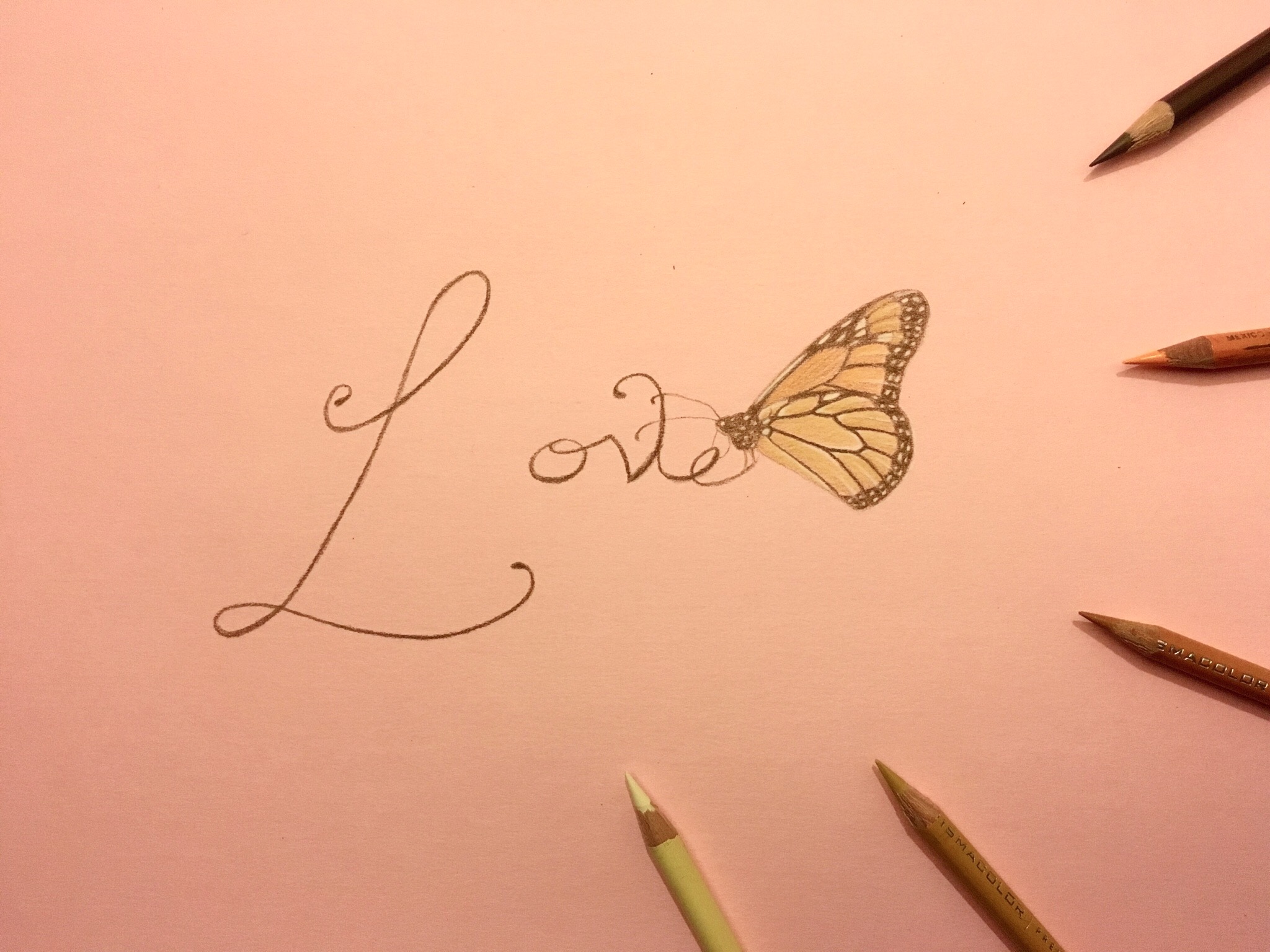 2048x1536 Love Word Art With Monarch Butterfly Color Pencil Drawing Art - Love Word Drawing