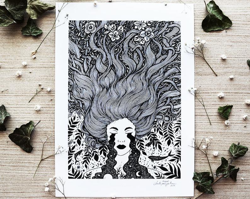 794x635 Lucid Dream Woman Pen Drawing Hair Whale Nature Leaf Etsy - Lucid Drawing
