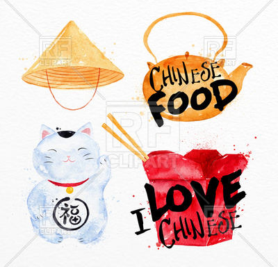 400x384 chinese hat, teapot, ping pong box, lucky cat drawing watercolor - Lucky Cat Drawing