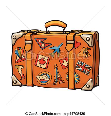 450x470 hand drawn retro style travel suitcase with colorful labels - Luggage Drawing