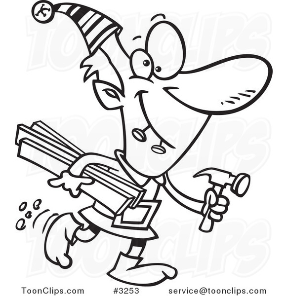 581x600 cartoon black and white line drawing of a christmas elf carrying - Lumber Drawing
