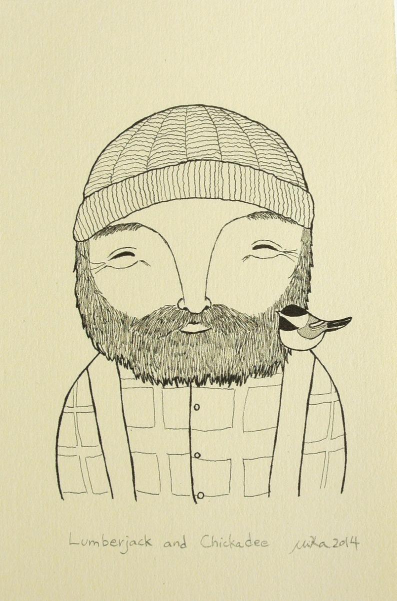 794x1203 lumberjack chickadee print original ink drawing black white etsy - Lumberjack Drawing